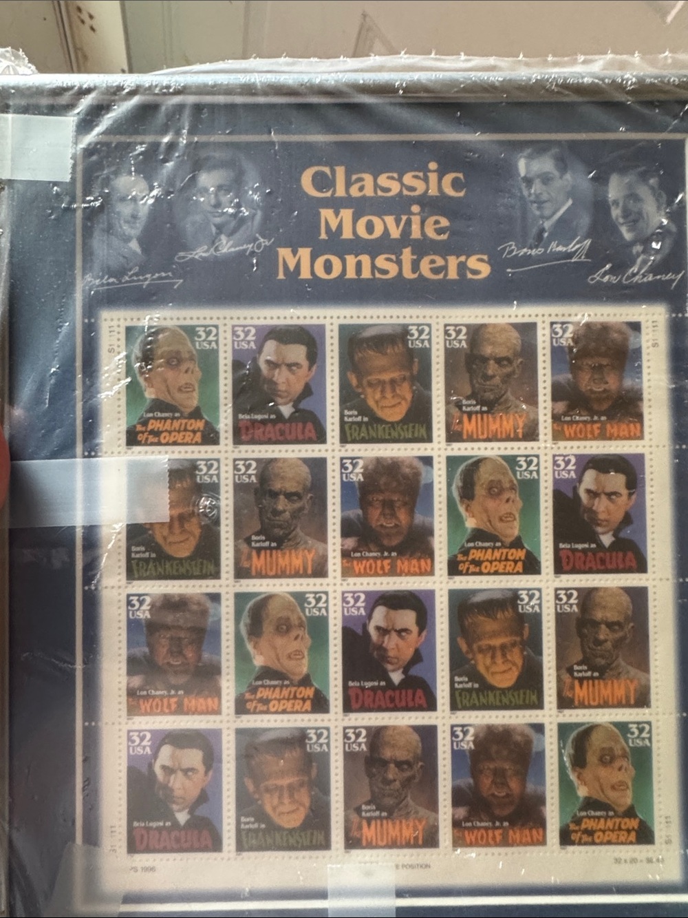 32 cent collectible stamps classic movie, monsters, unused, and framed